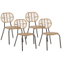 Set aus vier naturfarbenen Gartenstühlen mit schwarzem Metallgestell. Boho-Stil, geflochtenes PE-Rattan.