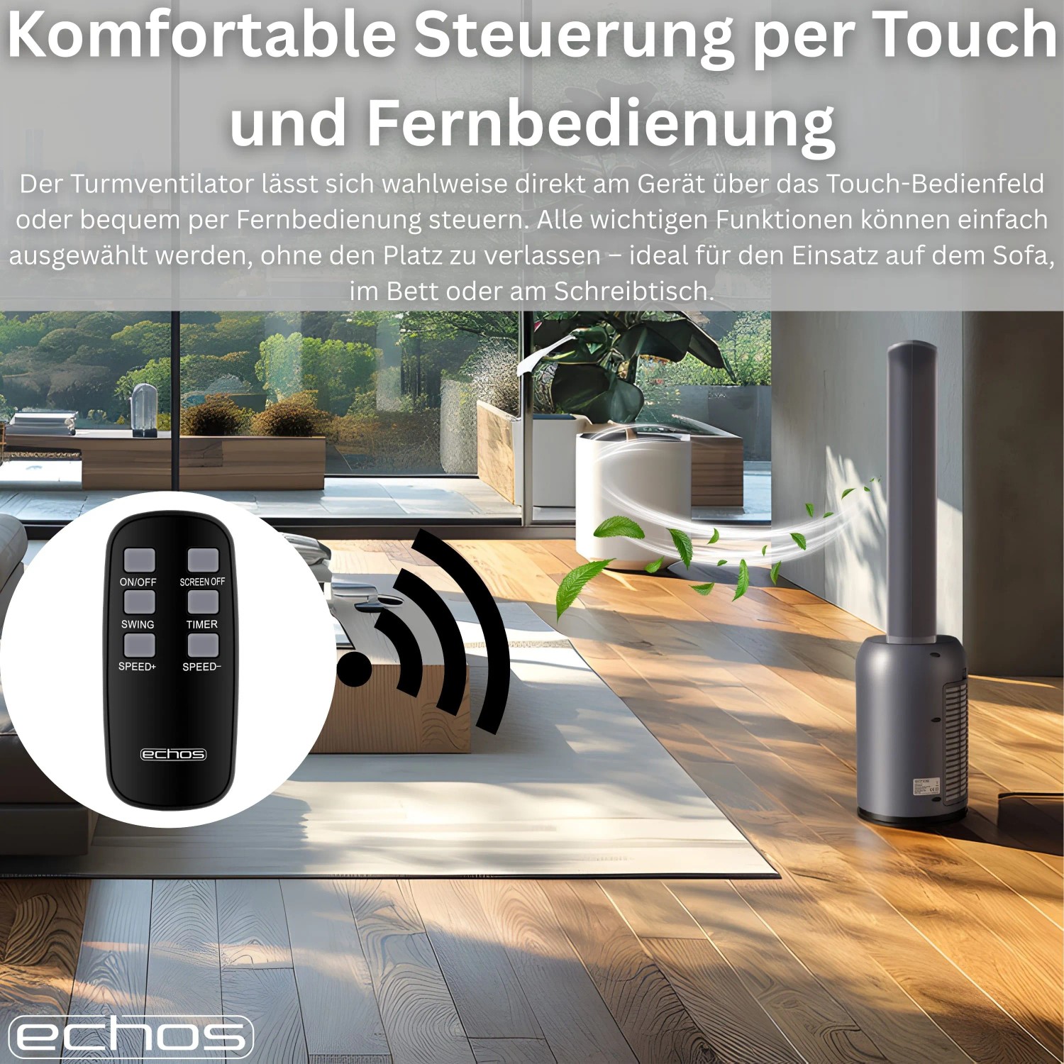Echos Eco-1220 Turmventilator mit Fernbedienung 12h Timer 24 Stufen HEPA Filter_9