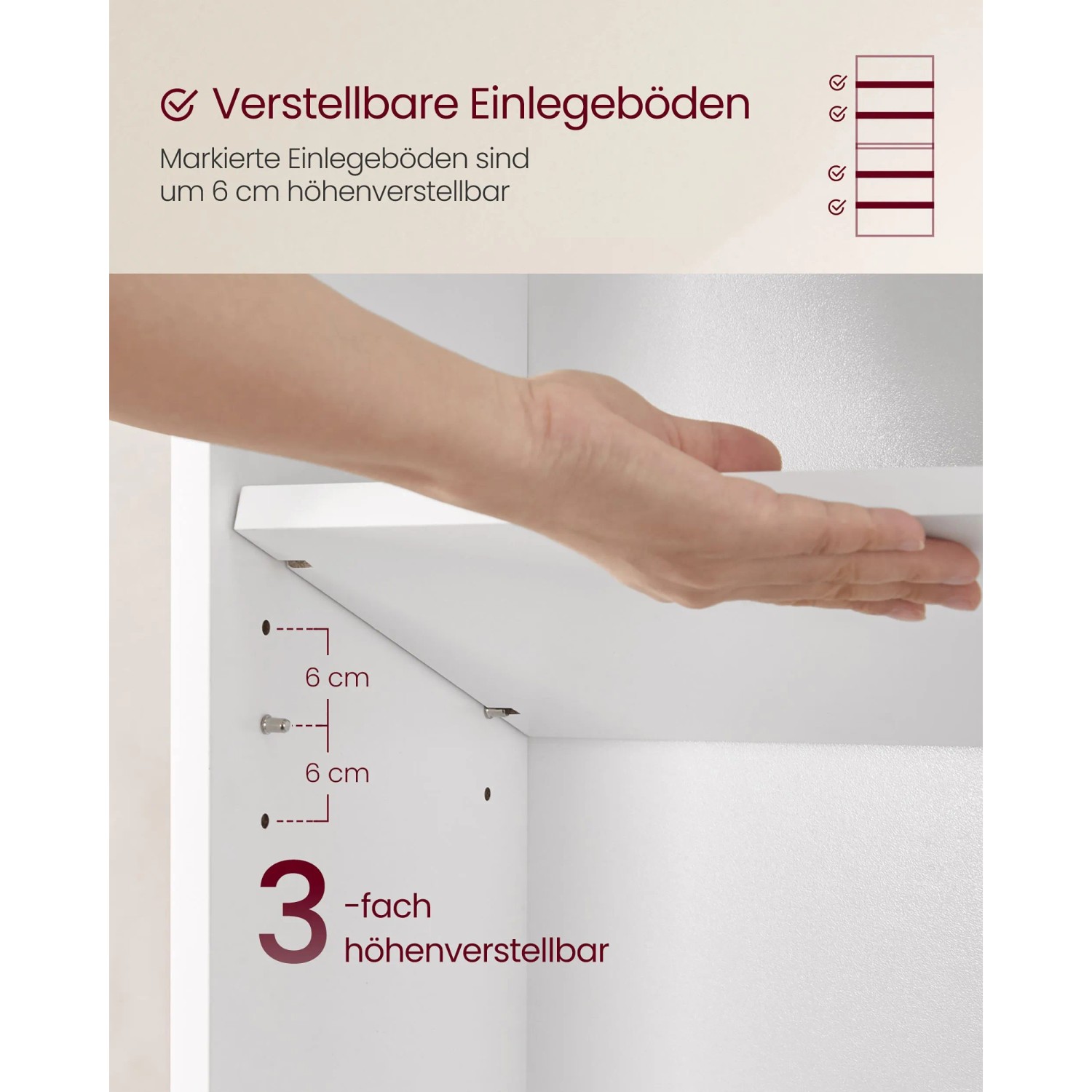 Detailaufnahme: Höhenverstellbare Einlegeböden im weißen Songmics Bücherregal Custos.