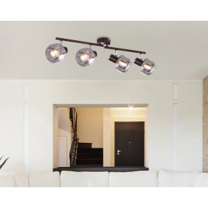 Globo Strahler Pallo, bronzefarbig, mit vier rauchigen Lampengläsern als elegante Deckenbeleuchtung.