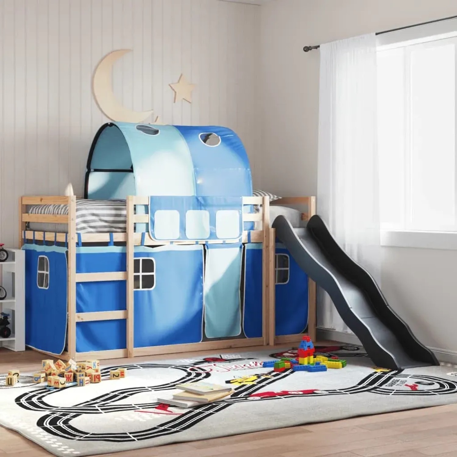 Blaues Etagenbett mit Rutsche und Vorhängen, Kiefernholz, 80x200 cm. Kinderzimmer Möbel.