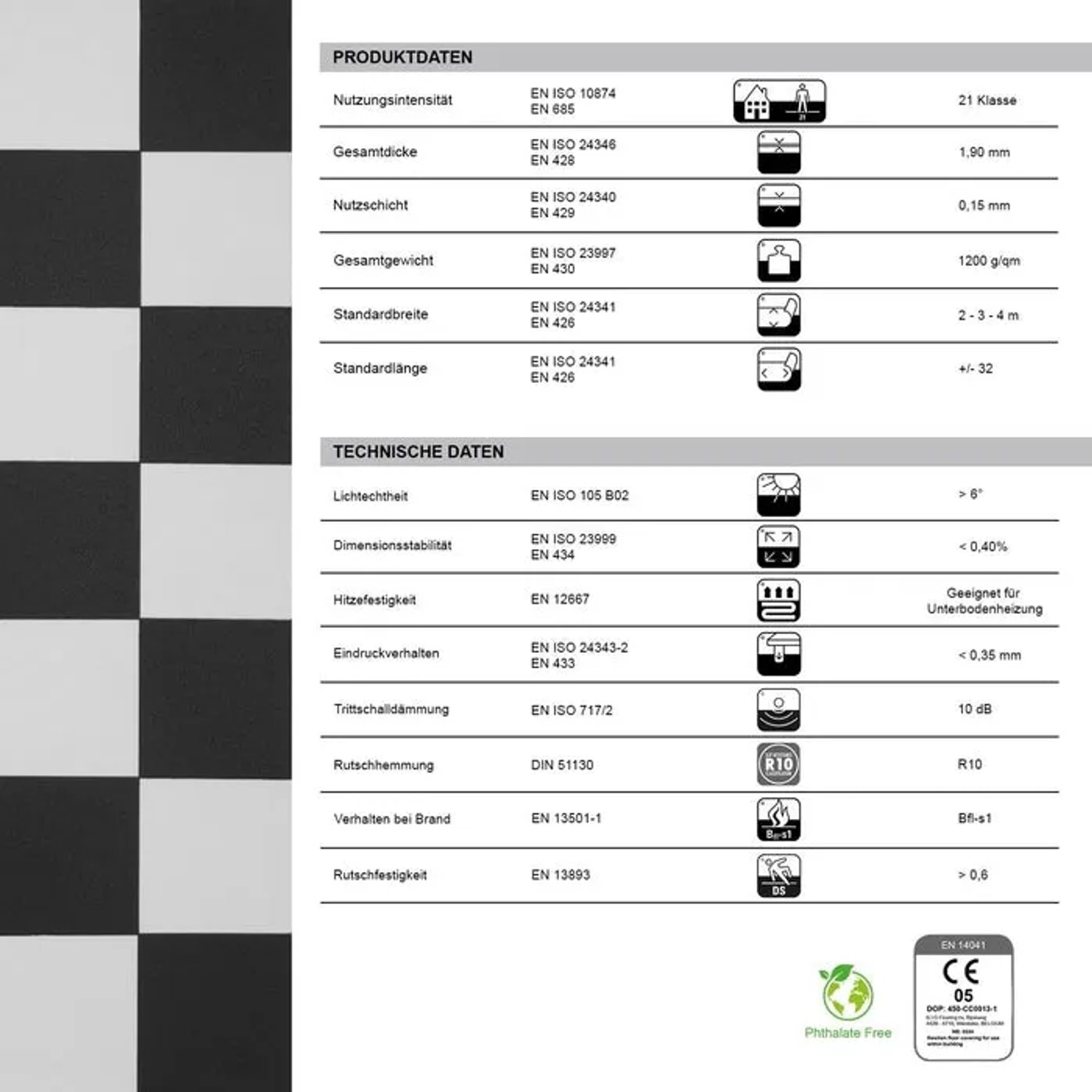 Karat CV Bodenbelag Atlantic Damier, schwarz-weißes Schachbrettmuster, Fliesenoptik.