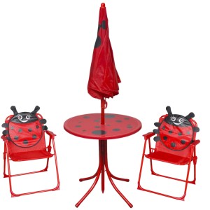 3-tlg. Garten-Bistro-Set für Kinder in Rot mit Tisch, Sonnenschirm und zwei Stühlen im Marienkäfer-Design.