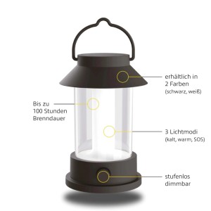 Schwarze Horntools Campinglampe mit Tragegriff, dimmbar und bis zu 100h Leuchtdauer.
