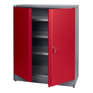 Küpper Hochschrank, dunkelrot, mit 2 Türen, geöffnet, und 3 Fachböden. Werkzeugschrank.