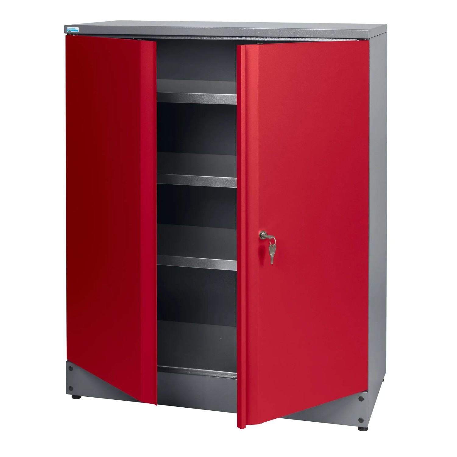 Küpper Hochschrank, dunkelrot, mit 2 Türen, geöffnet, und 3 Fachböden. Werkzeugschrank.