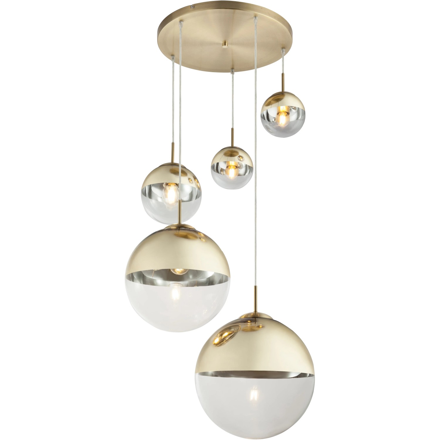 Goldfarbige Globo Pendelleuchte Varus mit fünf Glasschirmen als Blickfang.