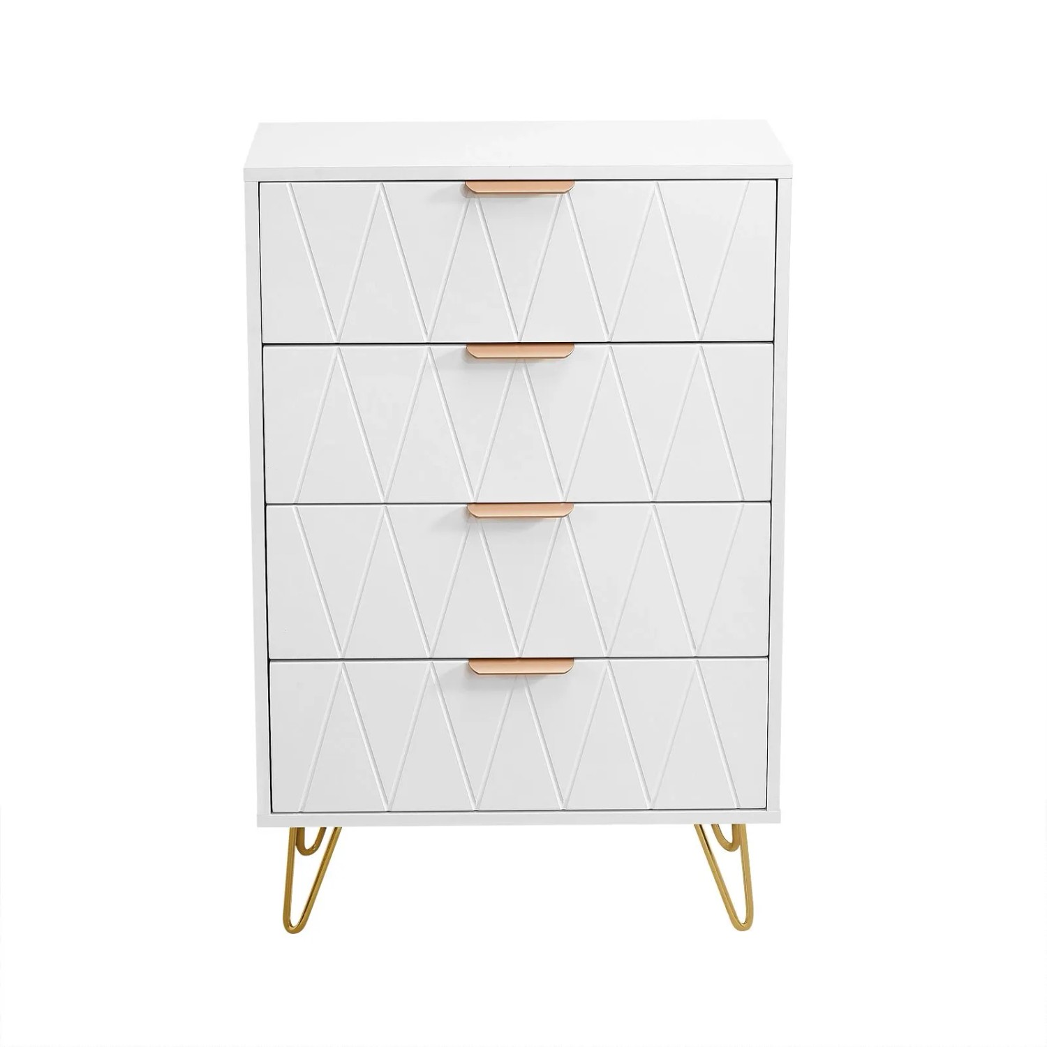 PXloue Kommode in Weiß mit 4 Schubladen–Schubladenschrank mit Metallgriffen und Beinen fürs Schlafzimmer