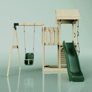 PolarPlay Spielturm Bergen mit Babyschaukel, Kletterwand und Rutsche in Grün.