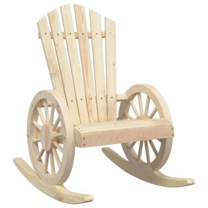 Adirondack-Schaukelstuhl aus hellem Tannen-Massivholz mit Wagenrad-Armlehnen. Perfekt für Garten & Terrasse.