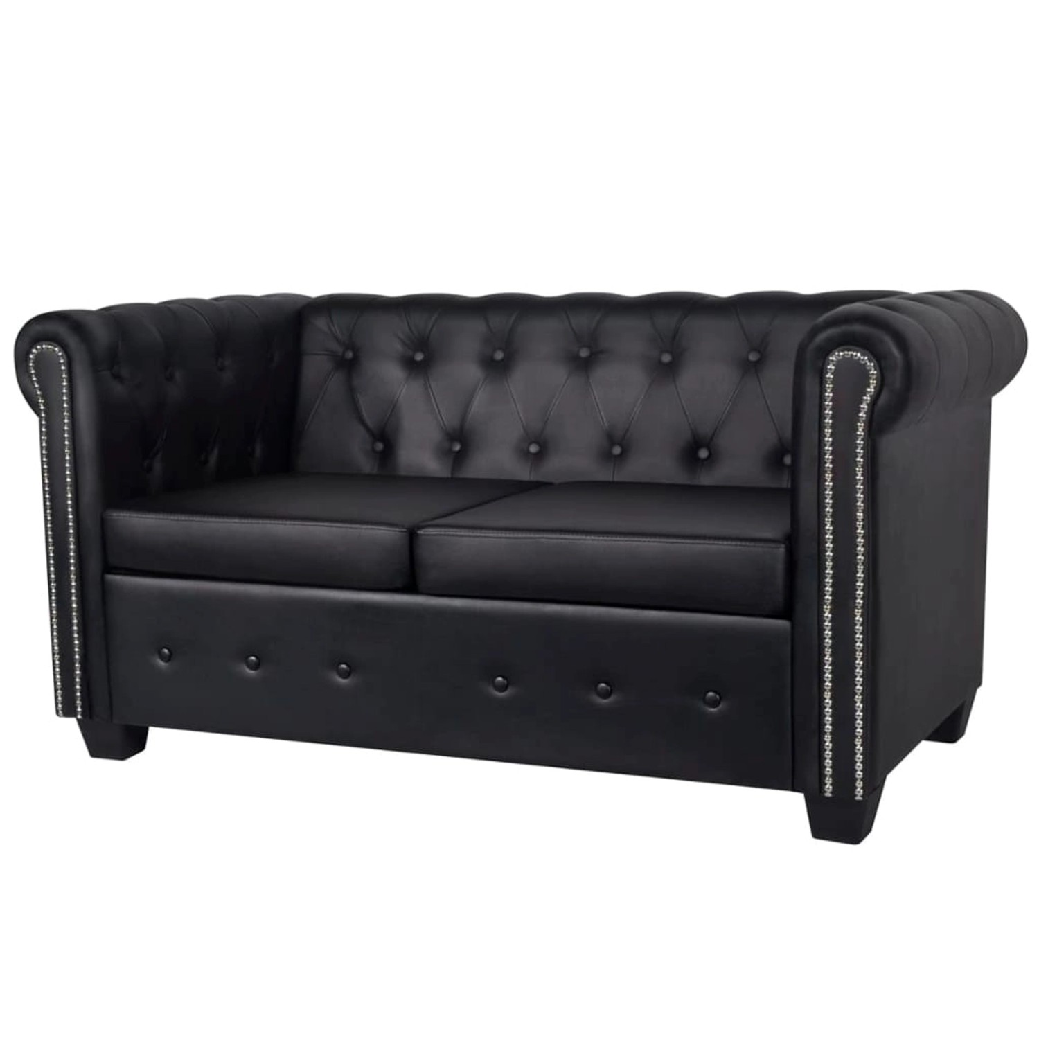 Schwarzes 2-Sitzer Chesterfield Sofa aus Kunstleder mit Knopfheftung und Ziernägeln.