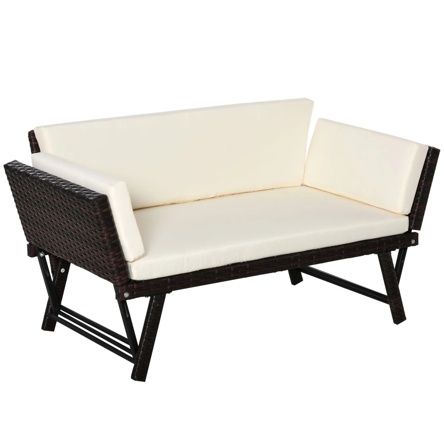 Outsunny Gartensofa Polyrattan 2 Sitzer klappbar mit Armlehnen Stahl 129x63x67cm, Gartenmöbel 1 Teile, für Garten, Balkon, Braun