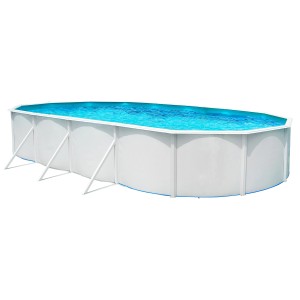 Weißer Steinbach Stahlwandpool Nuovo de Luxe Oval, 730x366x120 cm, gefüllt mit blauem Wasser.