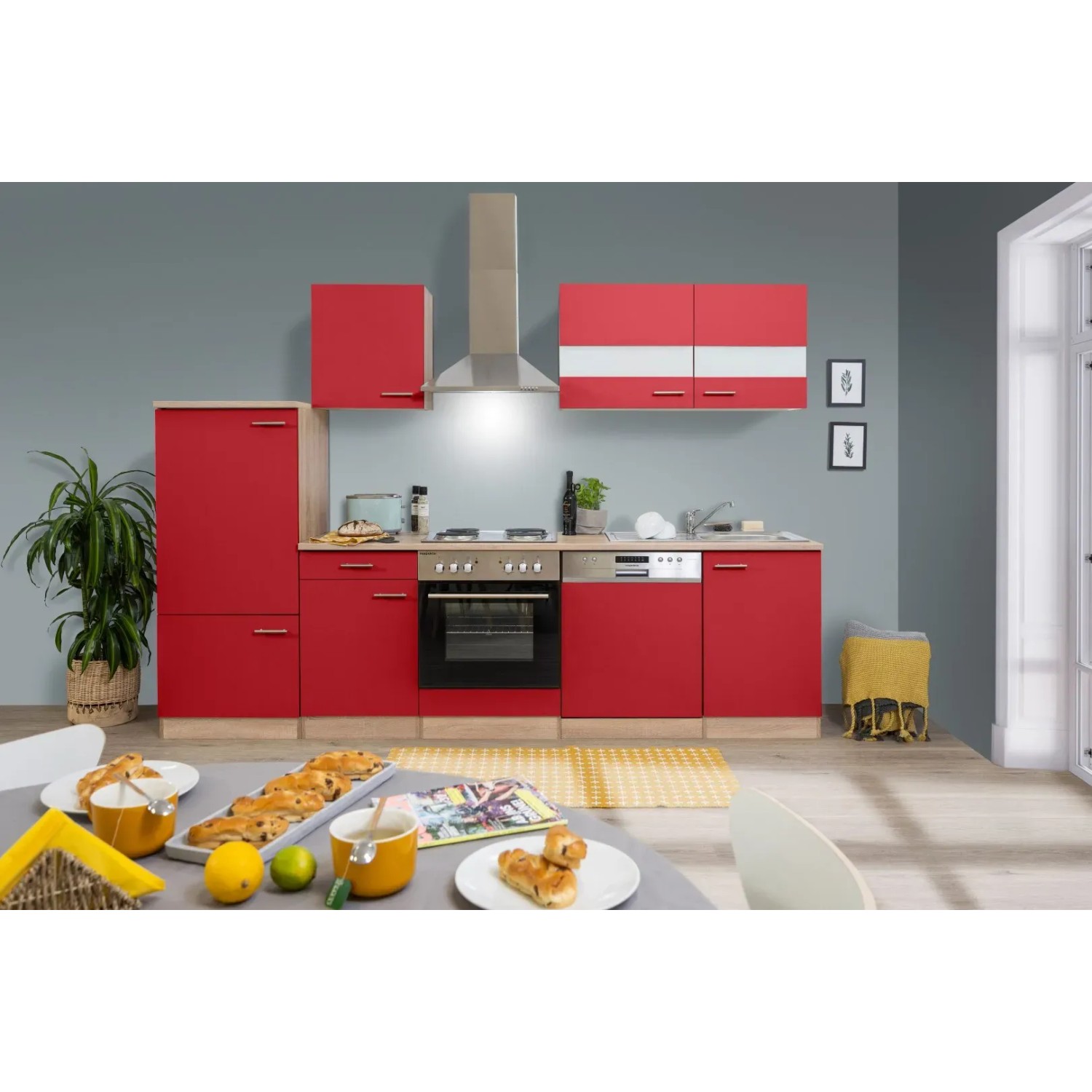 Respekta Küchenzeile KB280ESR 280 cm Rot-Eiche Sägerau Nachbildung