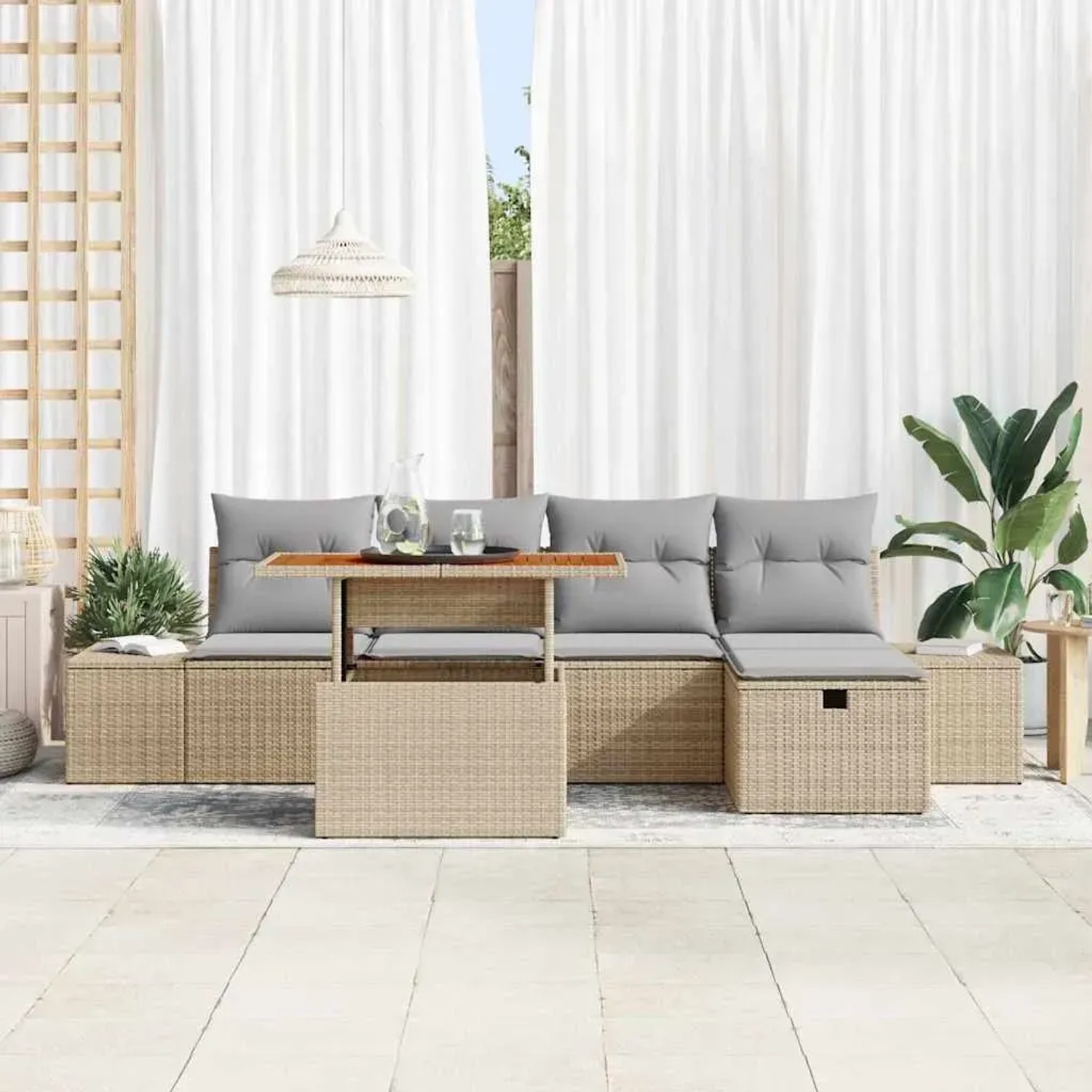 Beiges 6-tlg. vidaXL Garten-Sofa-Set aus Poly Rattan mit Kissen und Stauraum.