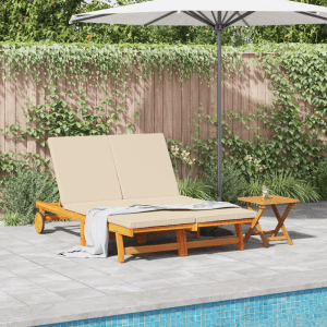 vidaXL Doppel-Sonnenliege aus Akazienholz mit Rädern und Kissen für Garten oder Terrasse.