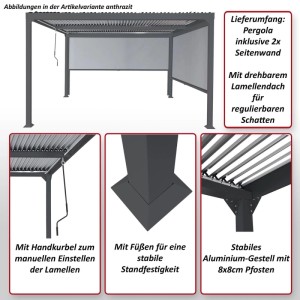 Anthrazitfarbene Alu-Pergola 3x3,7m mit drehbarem Lamellendach, 2 Seitenwänden und Handkurbel für Sonnenschutz.