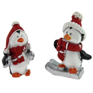 Mehrfarbige Deko-Pinguine aus Polyresin, 2-fach sortiert, als Baumbehang für die Weihnachtszeit.