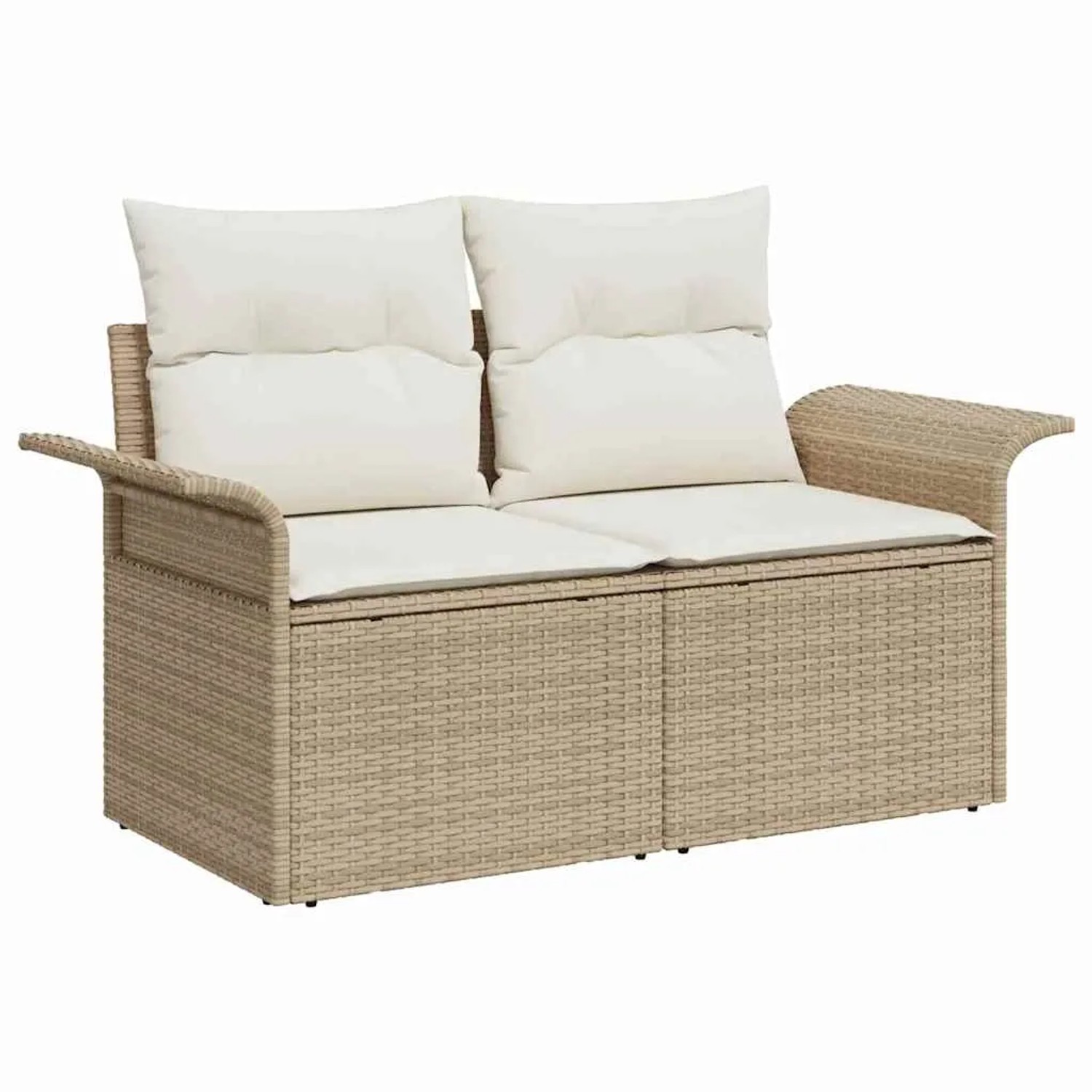 Beiges 9-teiliges Garten-Sofa-Set aus Poly Rattan mit Stauraum.