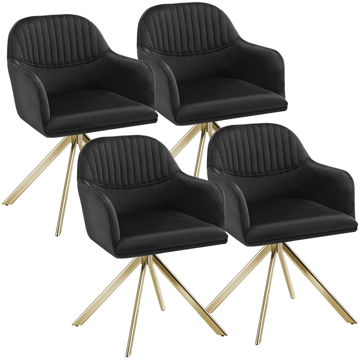 Tectake Samt Drehstuhl Lona Gepolstert Mit Durchgehender Lehne  4Er Set 59 x 56 x 81 cm Schwarz Gold