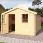 Lasita Holz-Gartenhaus Wels 3, naturbelassen mit geöffneter Tür und Fenster.