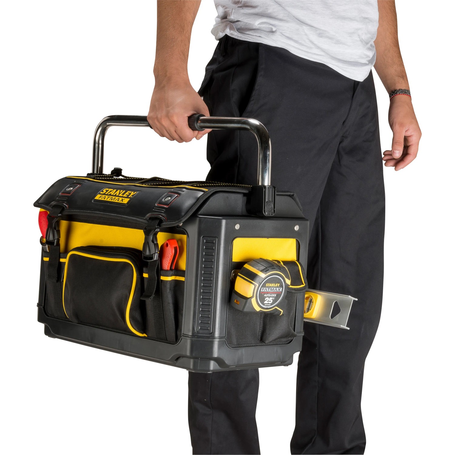 Stanley FatMax Werkzeugtrage (1-79-213) mit vielen Taschen, robust und mit verschließbarer Abdeckung.