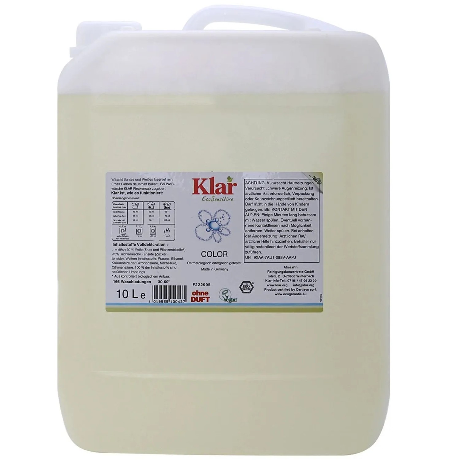 KLAR Eco Sensitive Color Waschmittel Flüssig 10 Liter ohne Duft