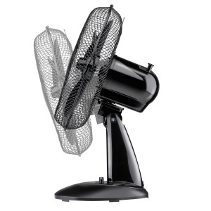 Schwarzer Tischventilator (Ø 30 cm) mit oszillierender Funktion und Metallschutzgitter.