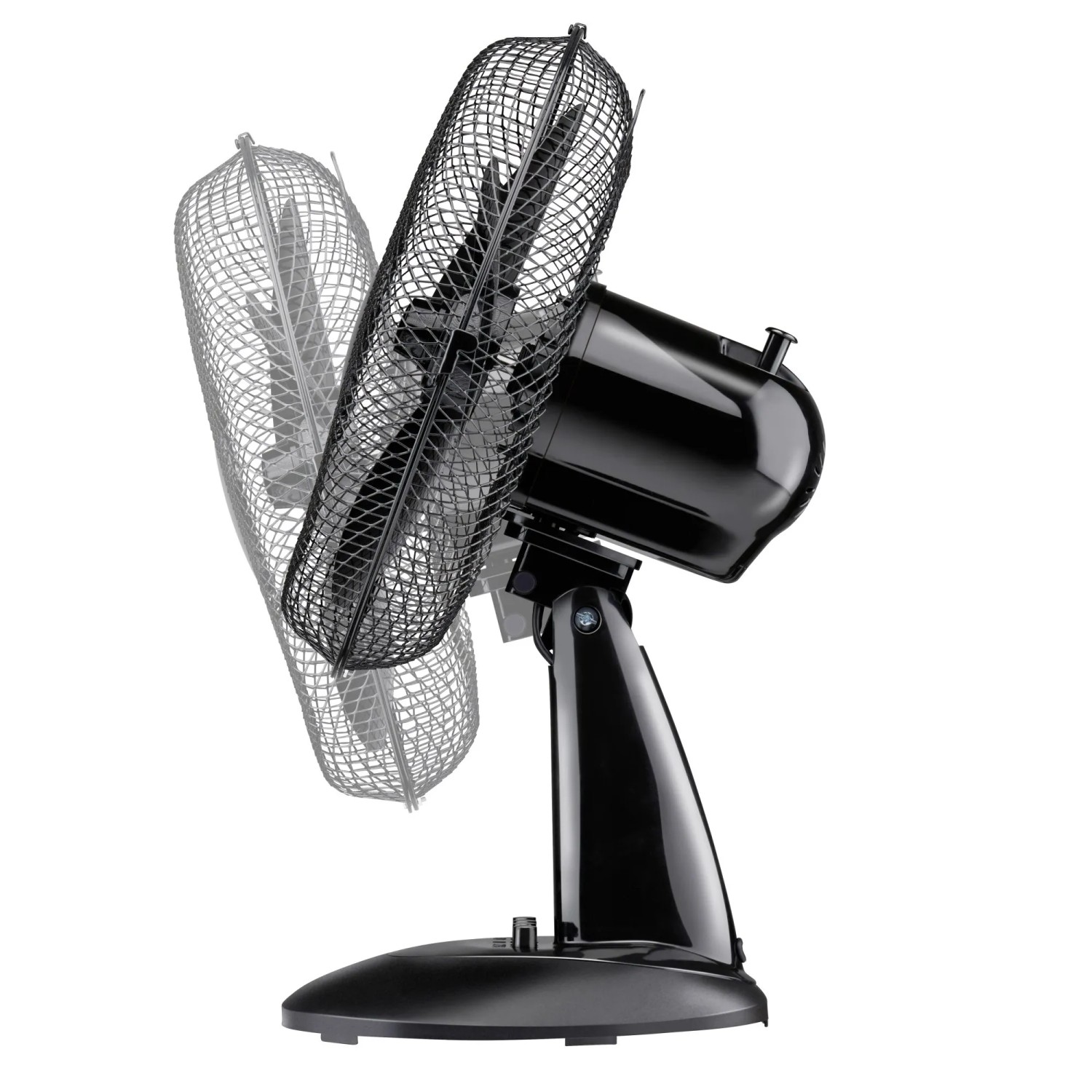 Schwarzer Tischventilator (Ø 30 cm) mit oszillierender Funktion und Metallschutzgitter.