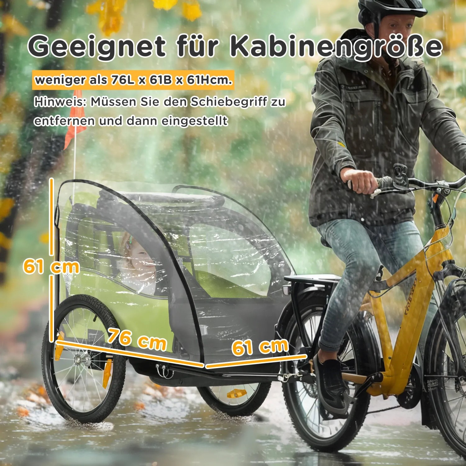 HOMCOM Regenschutz für Fahrradanhänger im Einsatz bei Regenwetter. Transparentes Regenverdeck schützt den Anhänger.