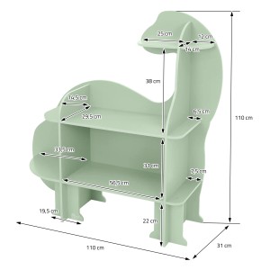 Joyz Kinderregal Dinosaurier, 3 Ebenen, Holz, offene Fächer, 110x31x110 cm, grüne Lackierung.