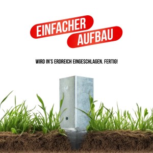 Hollmax Einschlagbodenhülse 71 mm im Erdreich. Pulverbeschichtete Vierkant-Pfostenhülse für sicheren Halt.