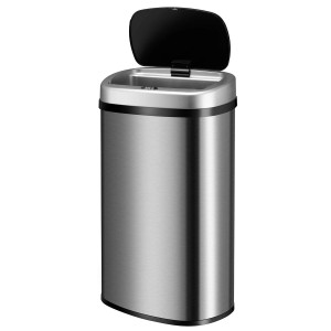 Offener, silberner Juskys Mülleimer mit Sensor, rechteckig, 60L Fassungsvermögen.