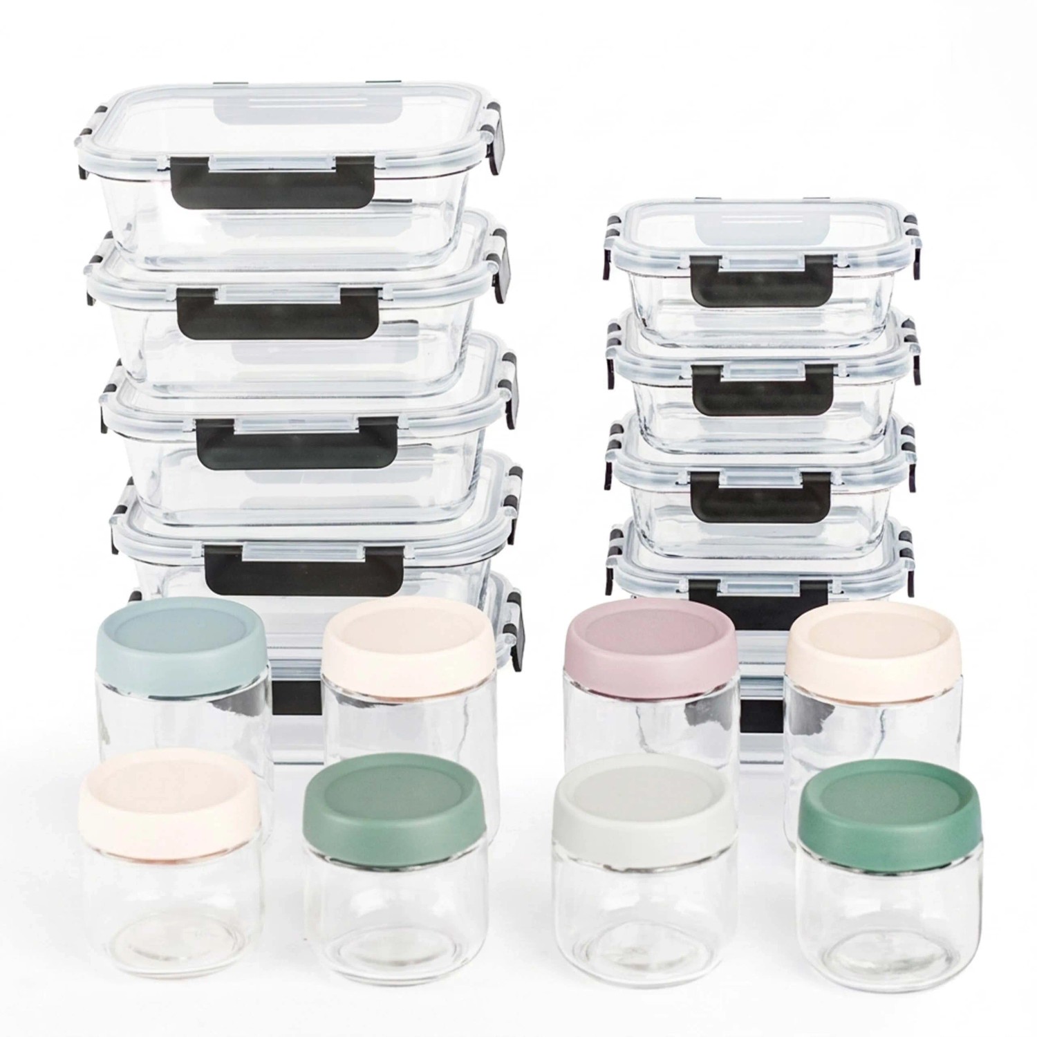 Relaxdays Frischhaltedosen und Einmachgläser Glas Kunststoff Transparent Luftdicht Mikrowellengeeignet Gefriergeeignet 18er Set 1040 ml