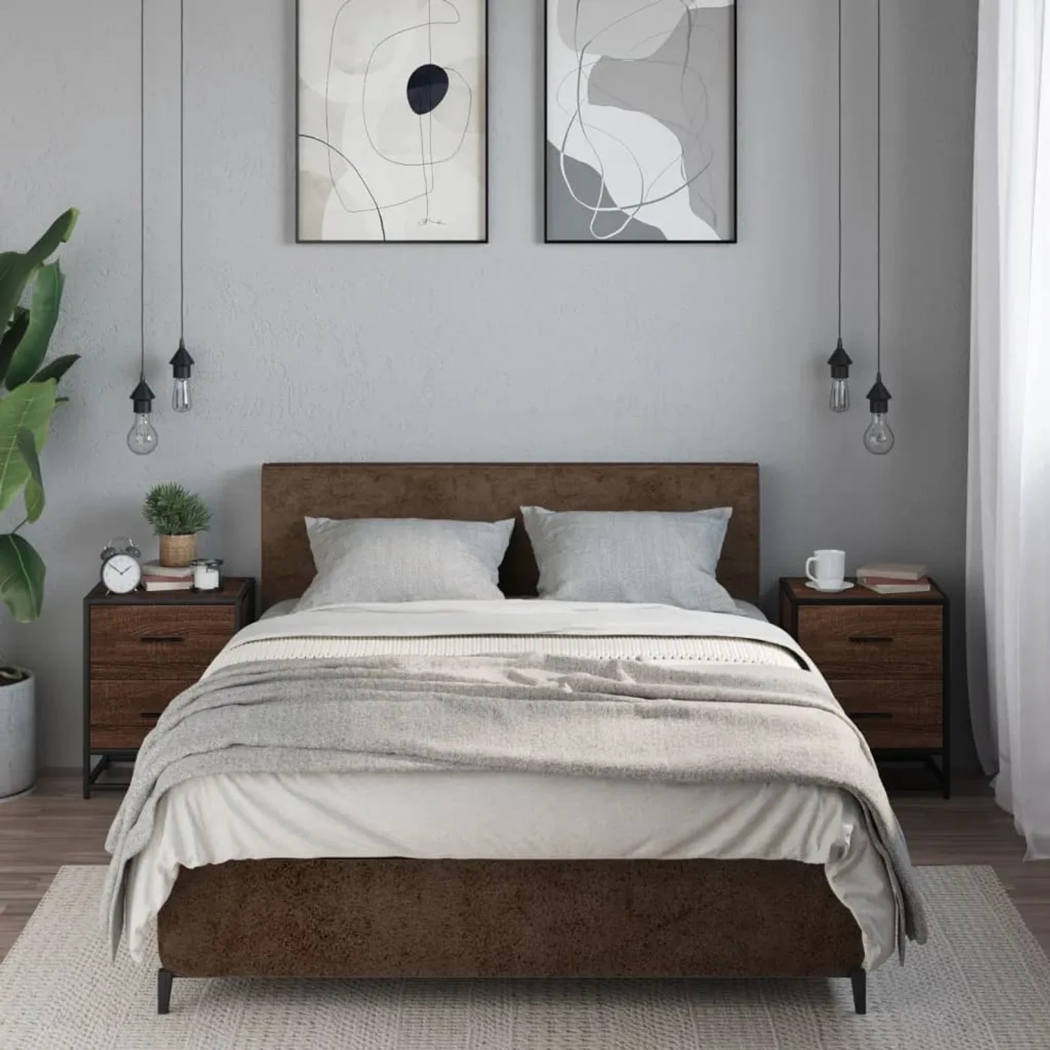 Zwei Nachttische in Braun Eichen-Optik mit je zwei Schubladen im Schlafzimmer. Modernes Design aus Holzwerkstoff.