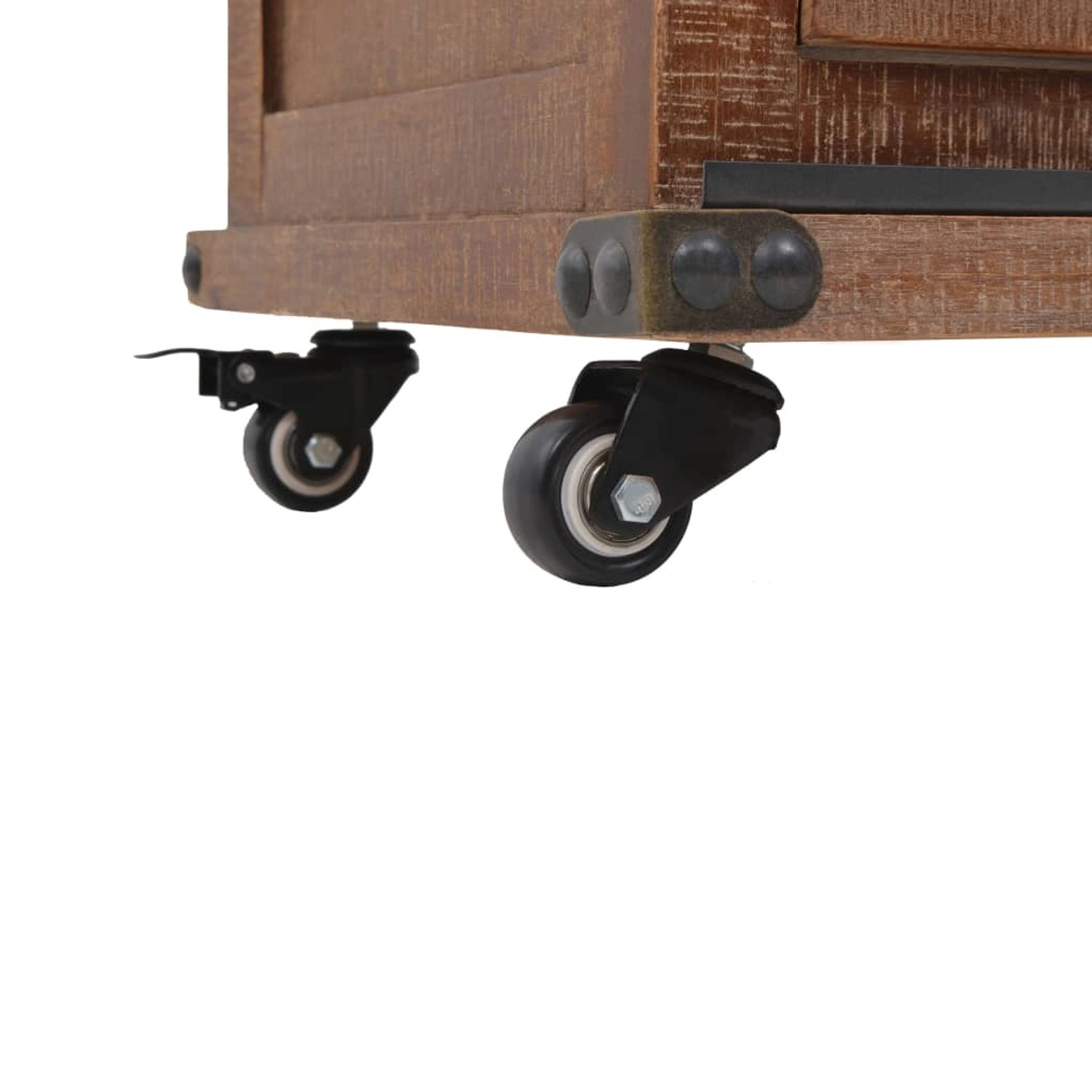 Detailaufnahme: Rollen des braunen vidaXL Aufbewahrungsschrank aus Tannenholz.