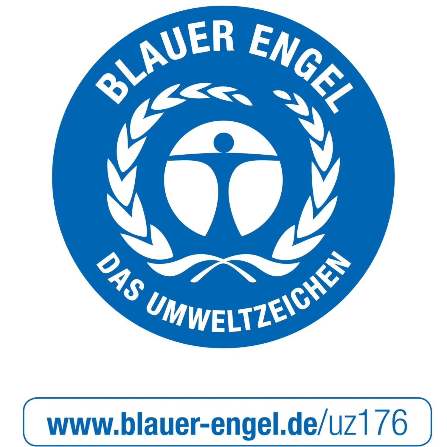 Blaues rundes Logo mit weißer Schrift, stilisierter Person und Blätterkranz. Unten steht eine Webadresse.