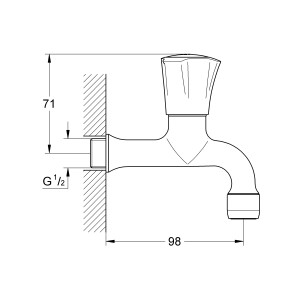 Technische Zeichnung: Grohe Costa Wandauslaufventil in Chrom mit Maßen.