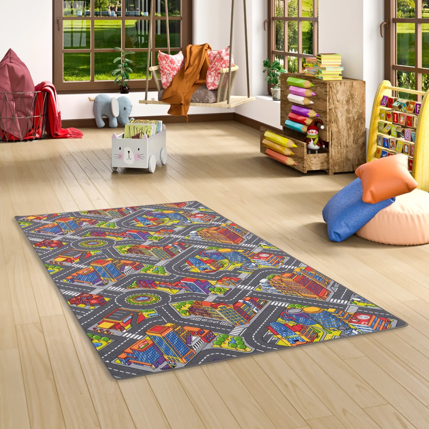 Hellgrauer Kinder Straßenteppich 200x300cm mit bunten Straßen und Häusern.