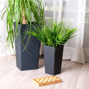 KMND Blumentopf Groß Blumentopf Gross Innen Quadratisch Hoch mit Einsatz Rattan 16x16x30 cm PP Kunststoff Granit 4er Set 20798
