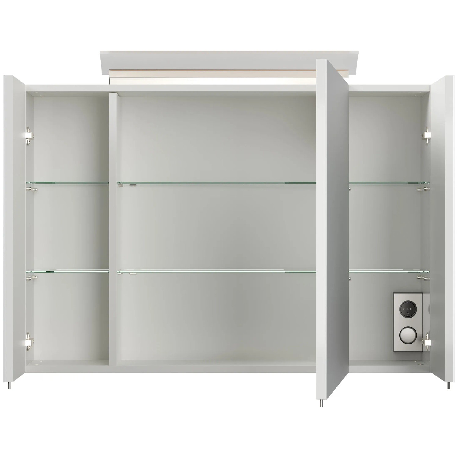 Posseik Spiegelschrank 90 cm, weiß hochglanz, mit LED-Lampe und Glasböden.