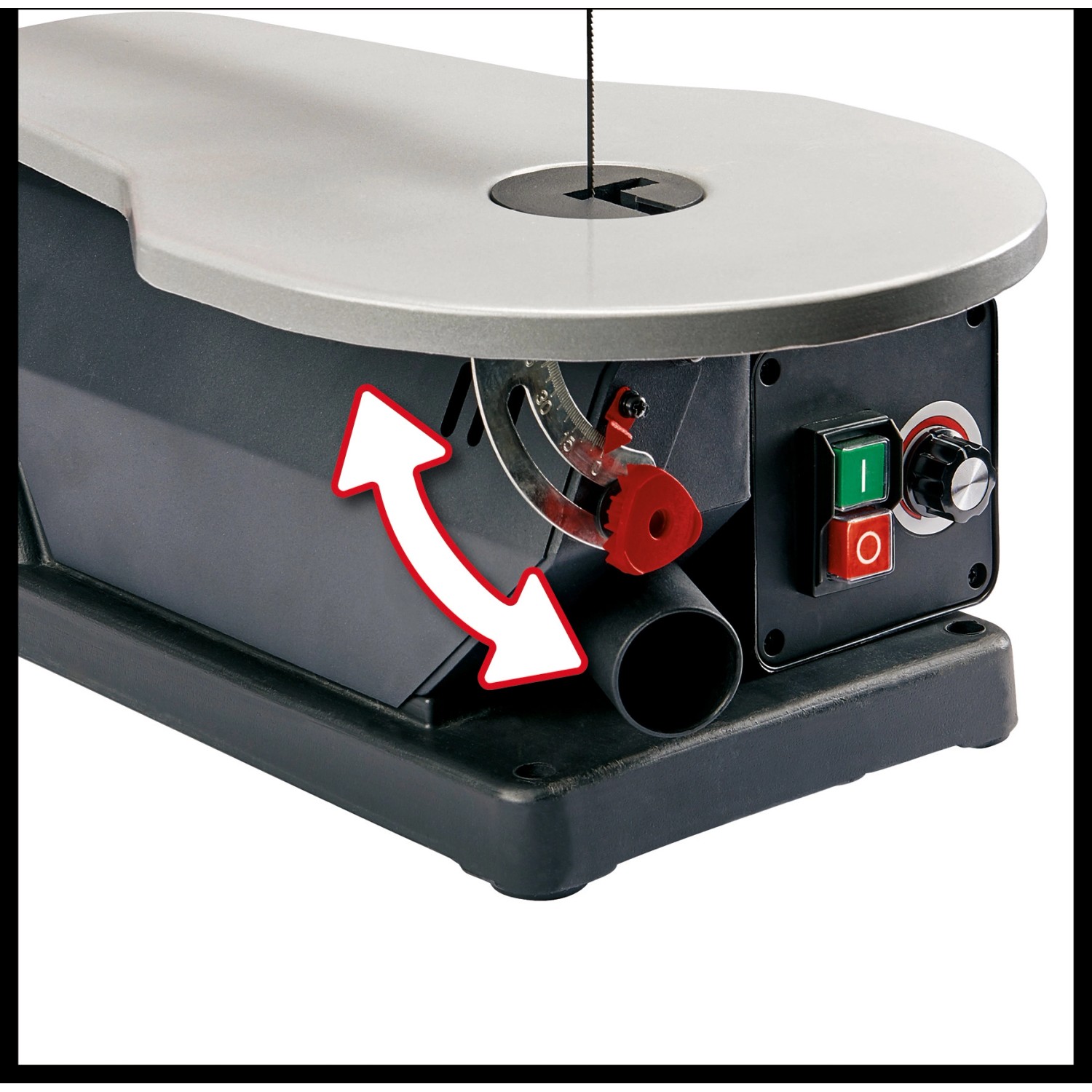 Einhell Dekupiersäge TC-SS 405 E: Detailansicht mit Winkelskala und Staubabsaugung.