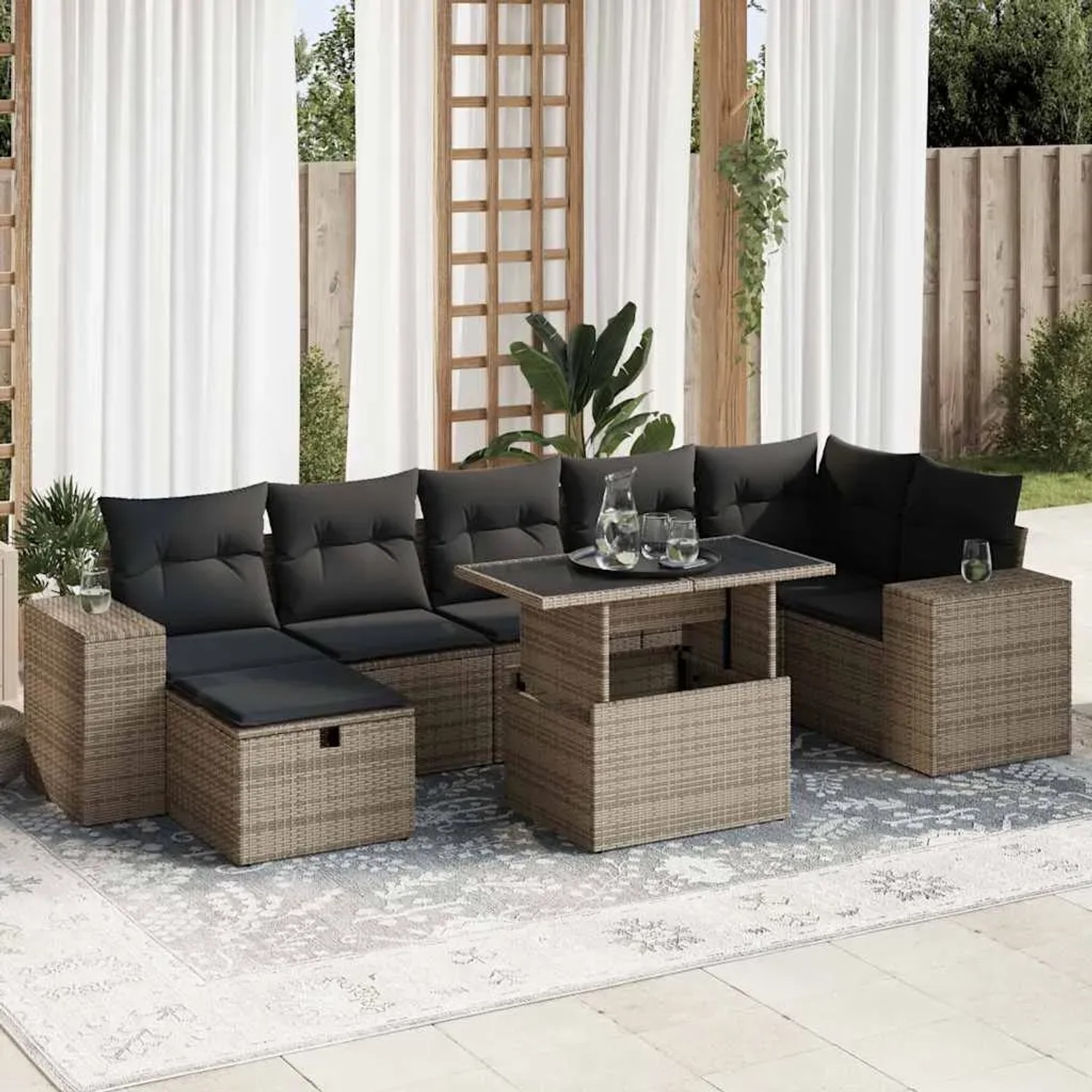 Graue 5-tlg. vidaXL Garten-Sofagarnitur aus Polyrattan mit Kissen und Tisch.