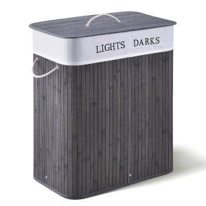 Grauer Juskys Bambus Wäschekorb Curly, 100L, mit Deckel, Wäschesack und Tragegriffen.