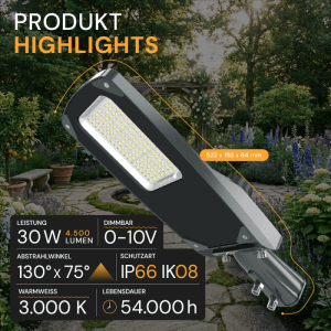 Schwarze ENOVALITE LED Straßenleuchte PRO, 30W, 4500lm, 3000K, dimmbar, für Mastmontage.