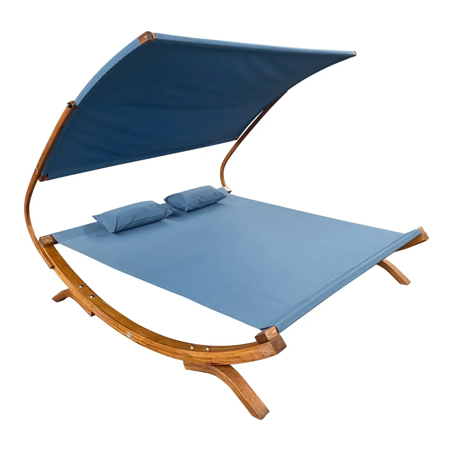 Axi Doppelliege Mallorca blau mit Sonnendach und Kissen, Holzgestell. Sonnenliege für zwei Personen.