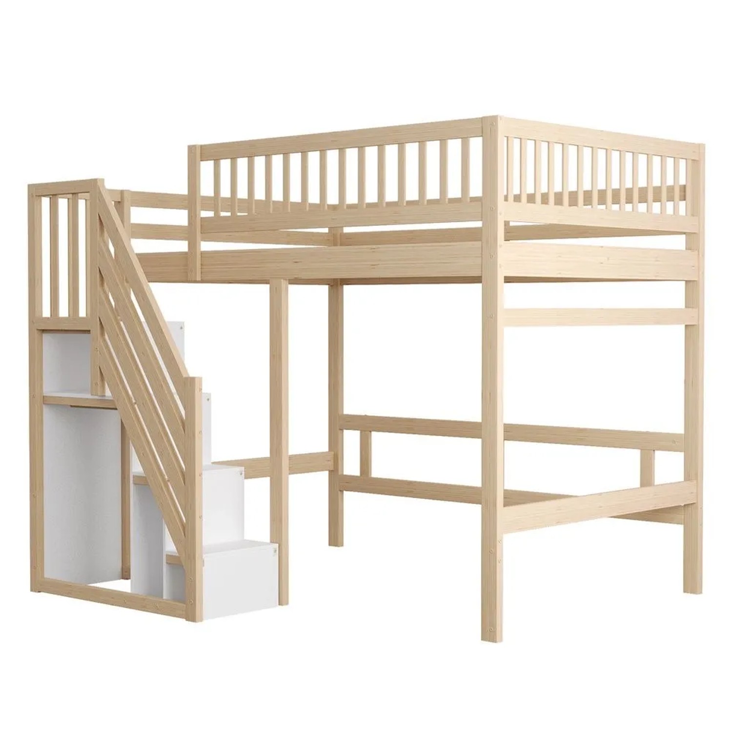 KOMHTOM Massivholzbett 140x200Cm Treppe Mit Stauschrank Hohes Geländer Kinderbett Jugendbett Massivholzbettgestell Holzfarbe Ohne Matratze