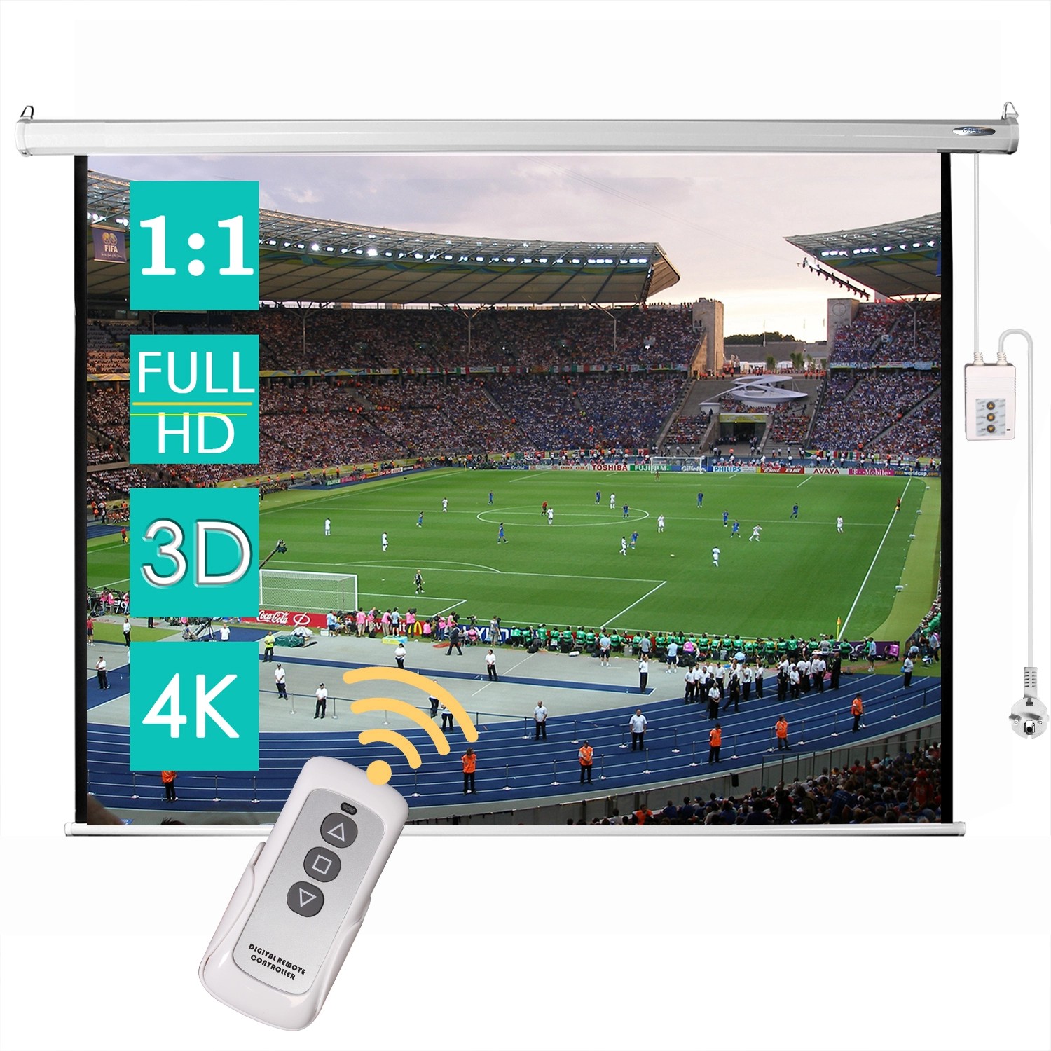 CCLIFE TÜV Motor Beamer Leinwand Elektrisch mit Fernbedienung Montagematerial 85 Zoll Projektionsleinwand