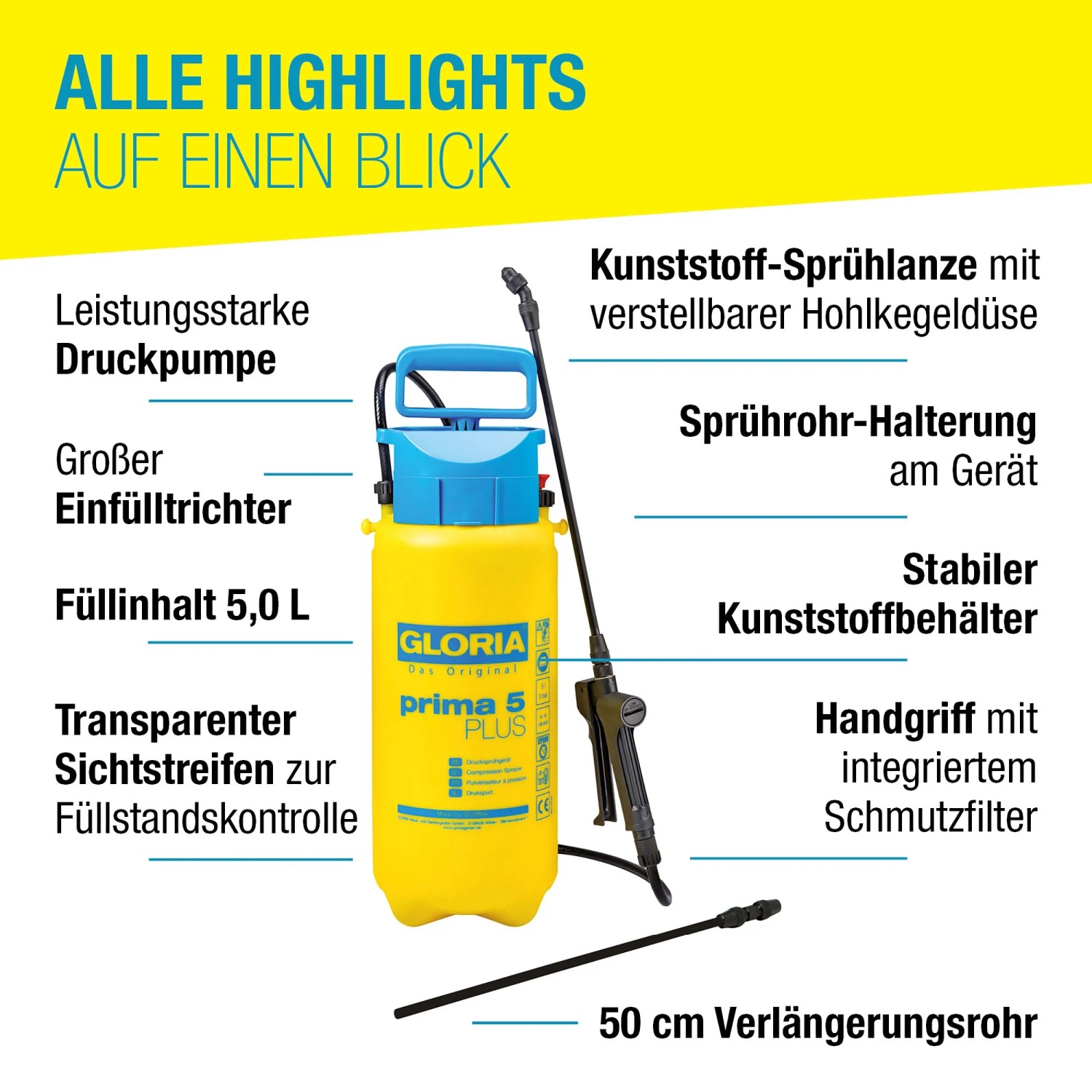Gloria Prima 5 Plus Drucksprühgerät, 5 l, gelber Behälter mit Sprühlanze und Verlängerungsrohr.