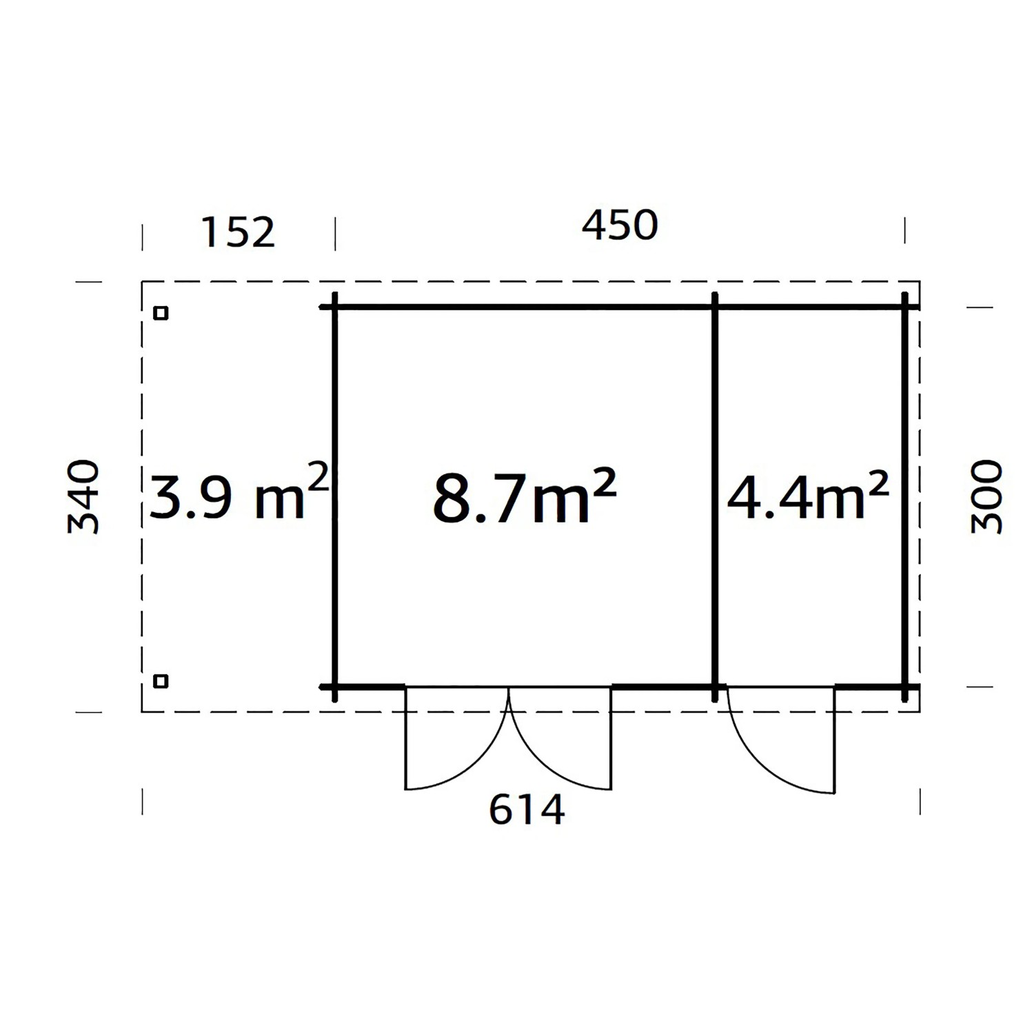 Grundriss Palmako Ella Holz-Gartenhaus, Pultdach, 610x300 cm, mit Maßangaben.